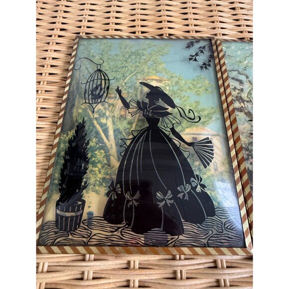 Vintage 40's Pair Reverse Painted Silhouette Pictures Convex Trees Convex Glass - Picture 9 of 11